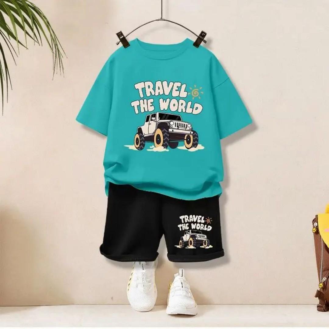 

2025 Summer Children s and Boys Clothing Letter Printed T-shirt and Shorts 2-piece Set Children s Short Sleeve 13-14Y