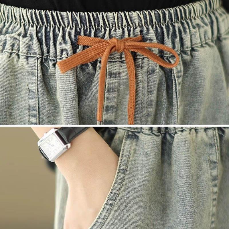 Cotton Shorts Women Summer Big Size Pants Vintage Loose High Waist Elastic Denim Wide Leg Skirt Pants