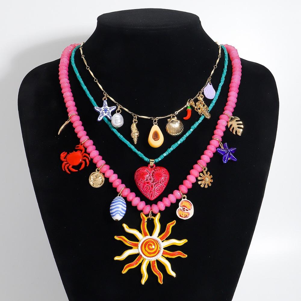 3PCS Multi-layer Summer Vacation Beaded Necklace Dopamine Ocean Style Pendant Necklaces