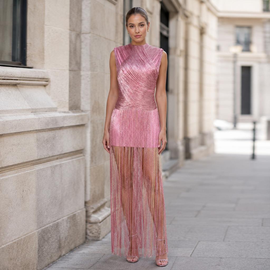 Abito Maxi da Donna Senza Maniche Collo Alto con Frange Spacco Alto Elegante da Festa Sera