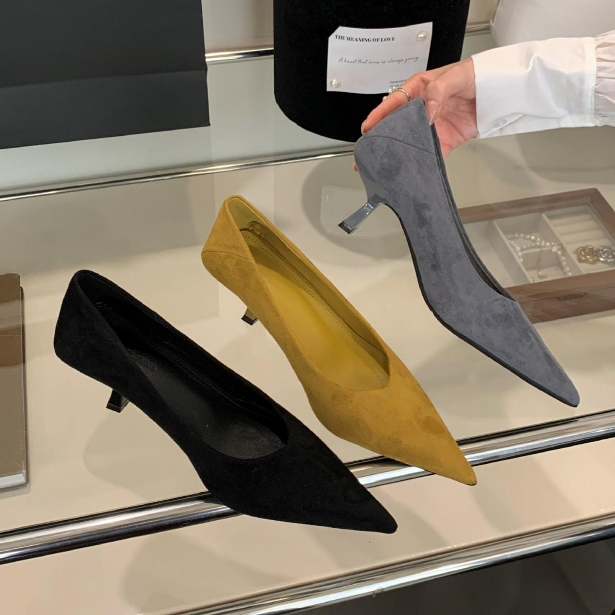 

2025 осень и зима новая модель острый носок тонкий высокий каблук замша неглубокий вырез закрытая стопа универсальные туфли-лодочки для профессиональных женщин 39 серый