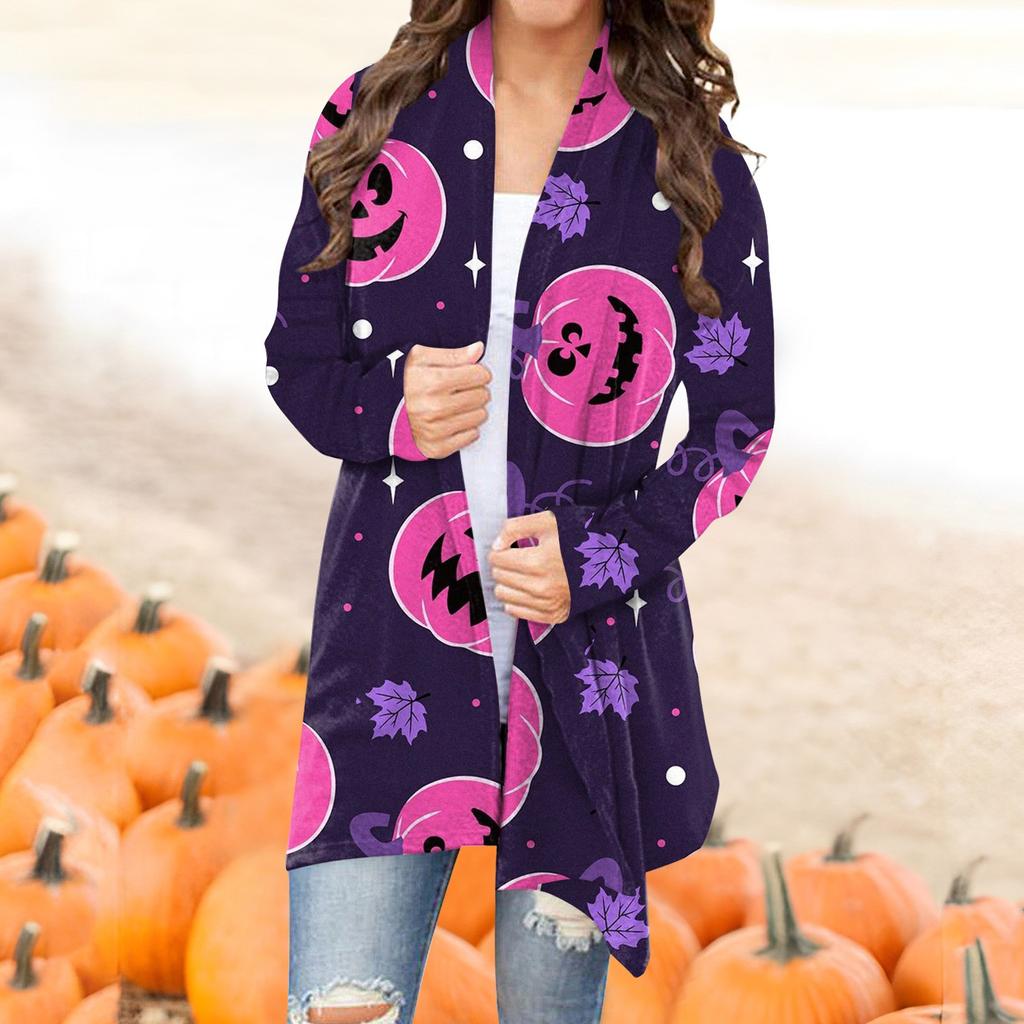 Cappotto da giacca cardigan di media lunghezza con stampa casual di Halloween alla moda da donna