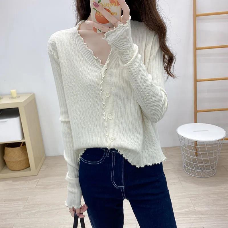 Autumn long-sleeved design sense niche top white fungus edge v-neck knitted cardigan sweater jacket bottoming shirt women