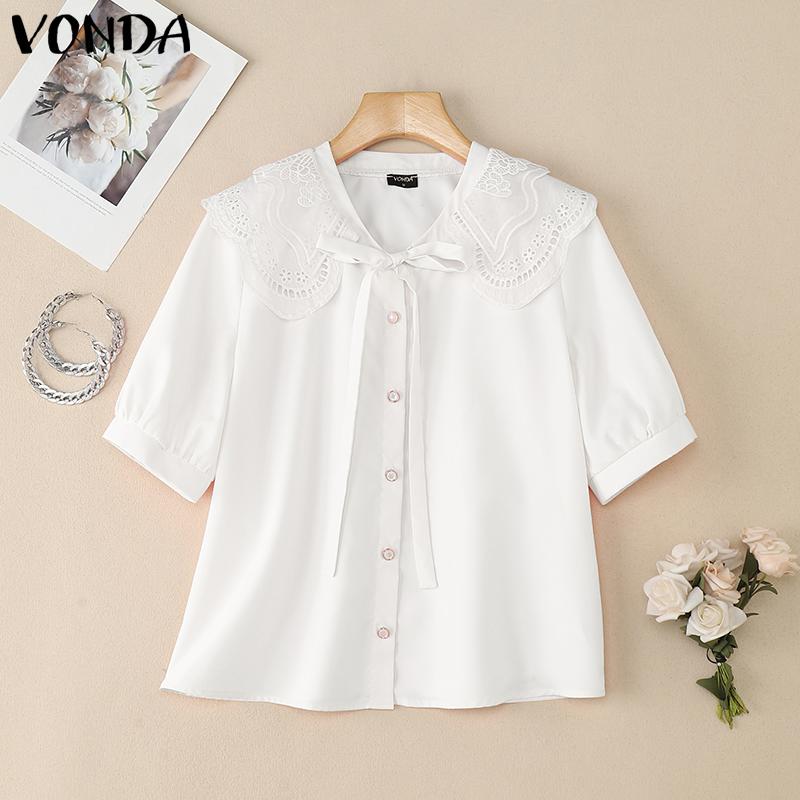 

VONDA Women Lace Doll Collar Short Sleeve Buttons Up Casual Tops Blouse S білий
