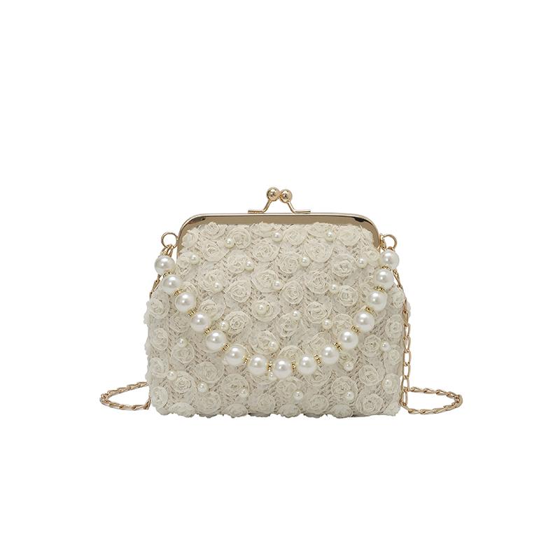 2026 Light Blue Floral Lace Clutch Bag with Pearl Chain Elegant Kiss-lock Evening Purse Wedding Party Crossbody Handbag