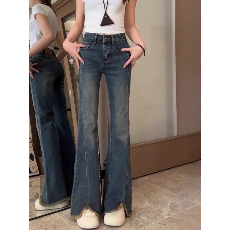 2025 Autumn Plus Size High Waist Blue Retro Frayed Micro-Flare Jeans for Women