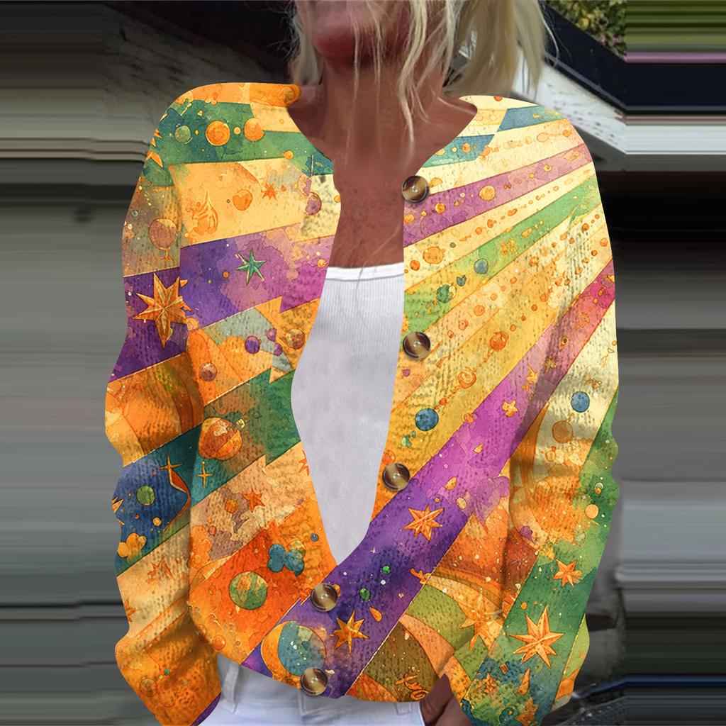 Women's Fashion Printed Long Sleeve Knitted Cardigan Button Down Jacket