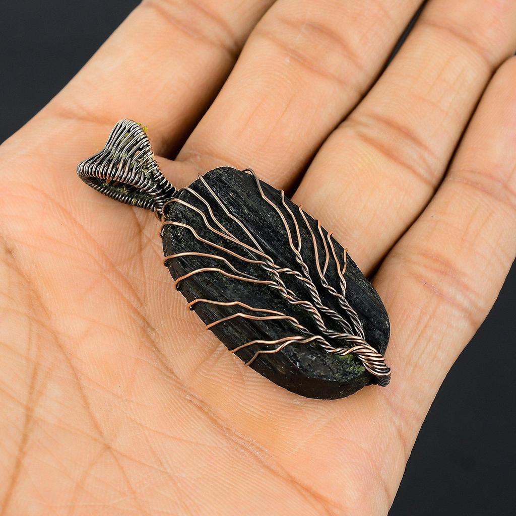 Tree Of Life Black Tourmaline Gemstone Copper Wire Wrap Handmade Pendant Jewelry Gift For Her