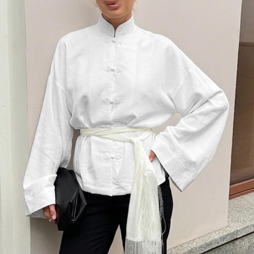 New Chinese style stand-up collar button-down shirt casual loose shirt fashion commuter versatile horn long-sleeved top