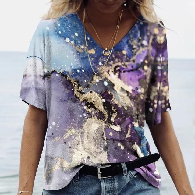 Women's V-neck T-shirt 3d Colorful Fashion Y2K Street Women's Oversized Loose Sports T-shirt Women's T-shirt Tops