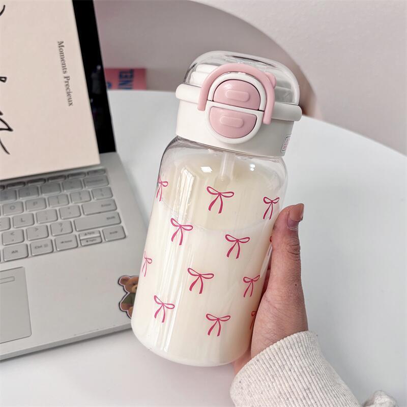 500Ml Bow Plastic Straw Cup Lid Student Office Cold Drink Cup With Straw Coffee Juice Milk Portable Large Capacity Water Cup