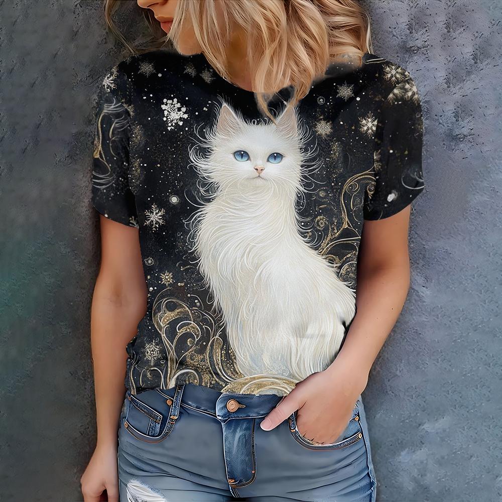 Women s Summer Elegant Fashion T-shirt Women s Popular Casual Comfortable Elegant White Cat 3D Printed Short Sleeve Top S