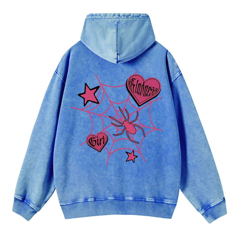 Vintage Womans Acid Wash Hoodies Spider Star Prints Streetwears Pocket Oversize Cotton Pullovers Autumn Winter Streetwear