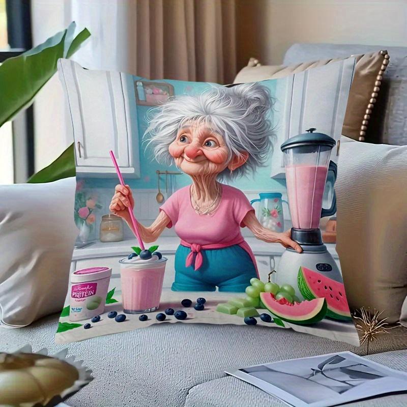 pc D Flat (Pillow Not Included) Grandma Making Smoothie Funny Kitchen Art Cushion Cover Short Plush Quirky Humor Decor Throw