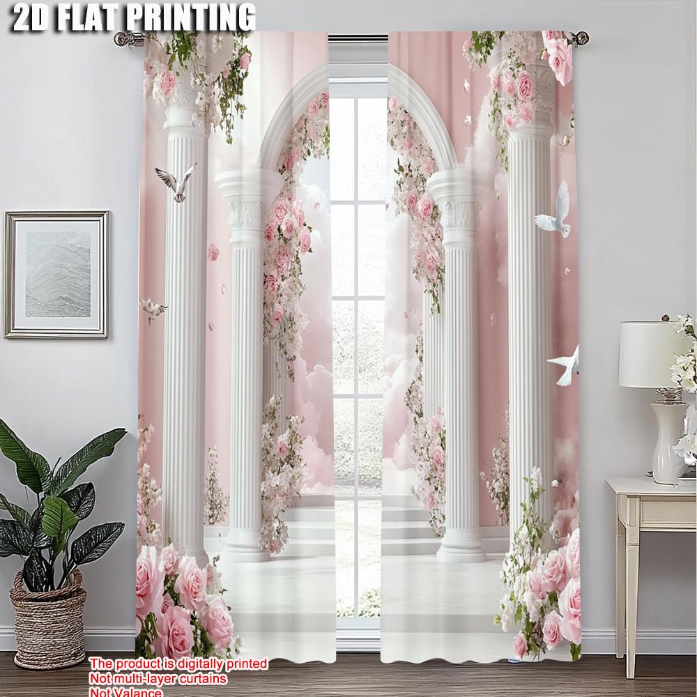 Curtain Set Print Pink Rose Arch Column Durable Polyester Without Rod Gifts Use Living Room Bedroom Home Curtains Of 2 Made Great Decor