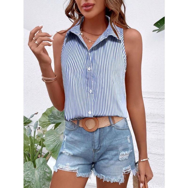 Camicia da Donna a Maniche Corte a Strisce Verdi e Bianche con Bottoni e Collo Top Casual Estivo