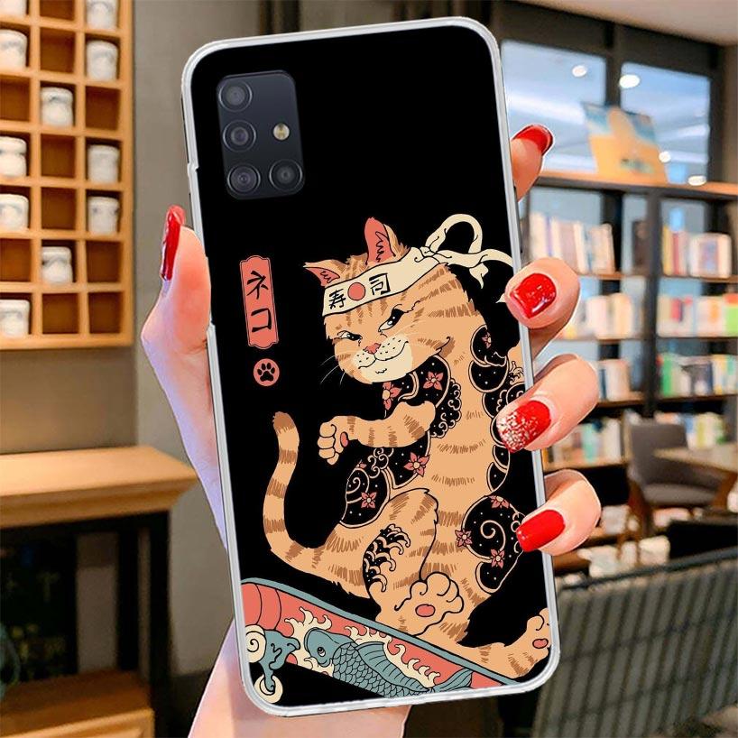 Ramen Sushi Samurai Tattoo Cat Cover Phone Case For Samsung Galaxy A12 A22 A32 A52 A72 A02S Phone Case Note 20 Ultra 10 S10 Plus