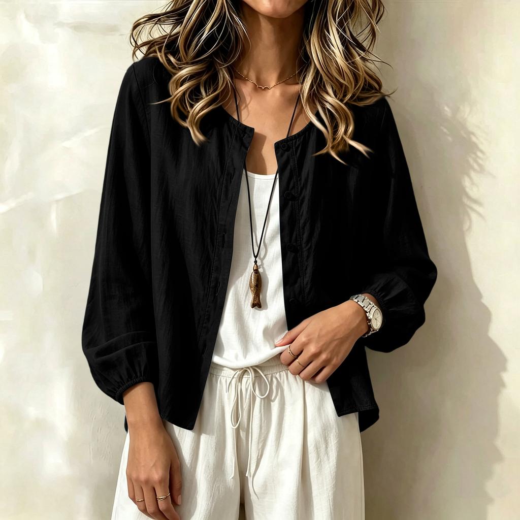 Damen Boho Baumwoll-Leinen-Bluse mit Spitzenbesatz für den Urlaub