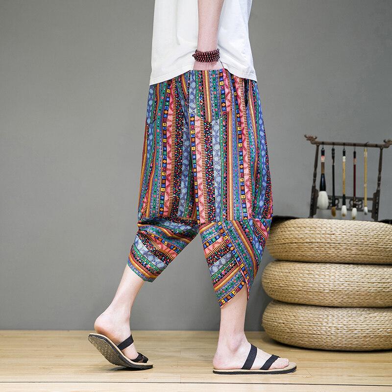2025 Sommer Herren Ethno-Stil Haremshose Herren Gestreifte Druckhose Herren Japanische Streetwear Hose Herren Patchwork Wadenlange Hose