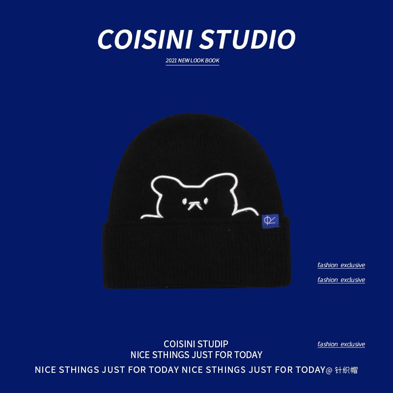 New cute bear embroidered wool hat women's autumn and winter warm ear protection cloth label knitted hat men's versatile women