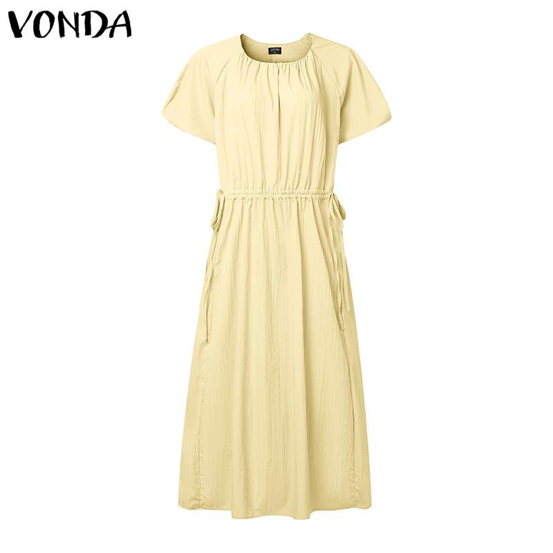 

VONDA Women Short Sleeve Drawstring Waist Soft Casual Ruffled Pleated Dress 2XL абрикосовий