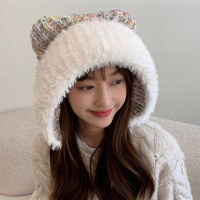 Zimní tvídová barva roztomilá pletená kožušinová čepice s oušky pro teplo