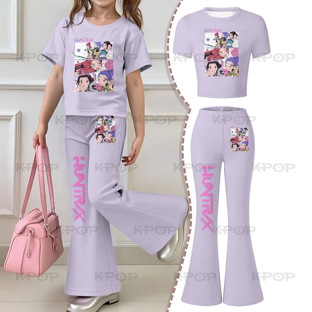 2026 Children's Kpop Hunter Short Sleeve Set Girls' New Style, Regular Short Sleeve Top and Bell Bottom Pants Two Piece Set