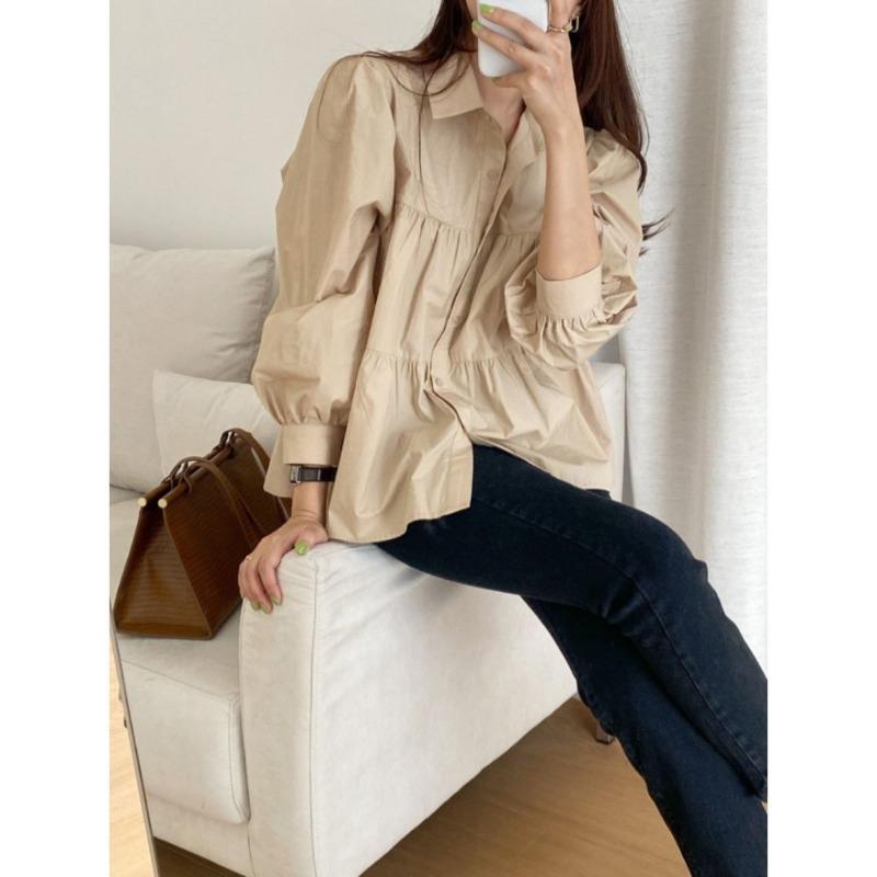 Casual Puff Sleeve Pleated White Shirts for Women Fashion Patchwork Simple Single Breasted Loose Blouses Tops Women Solid Lapel Vintage Blouse 26288