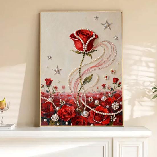 Plastic Pearl Painting Craft Set Faux Pearls Pre-Printed Canvas Set Rose Designs DIY Pearl Painting Kit for Wall Decor Gift Idea