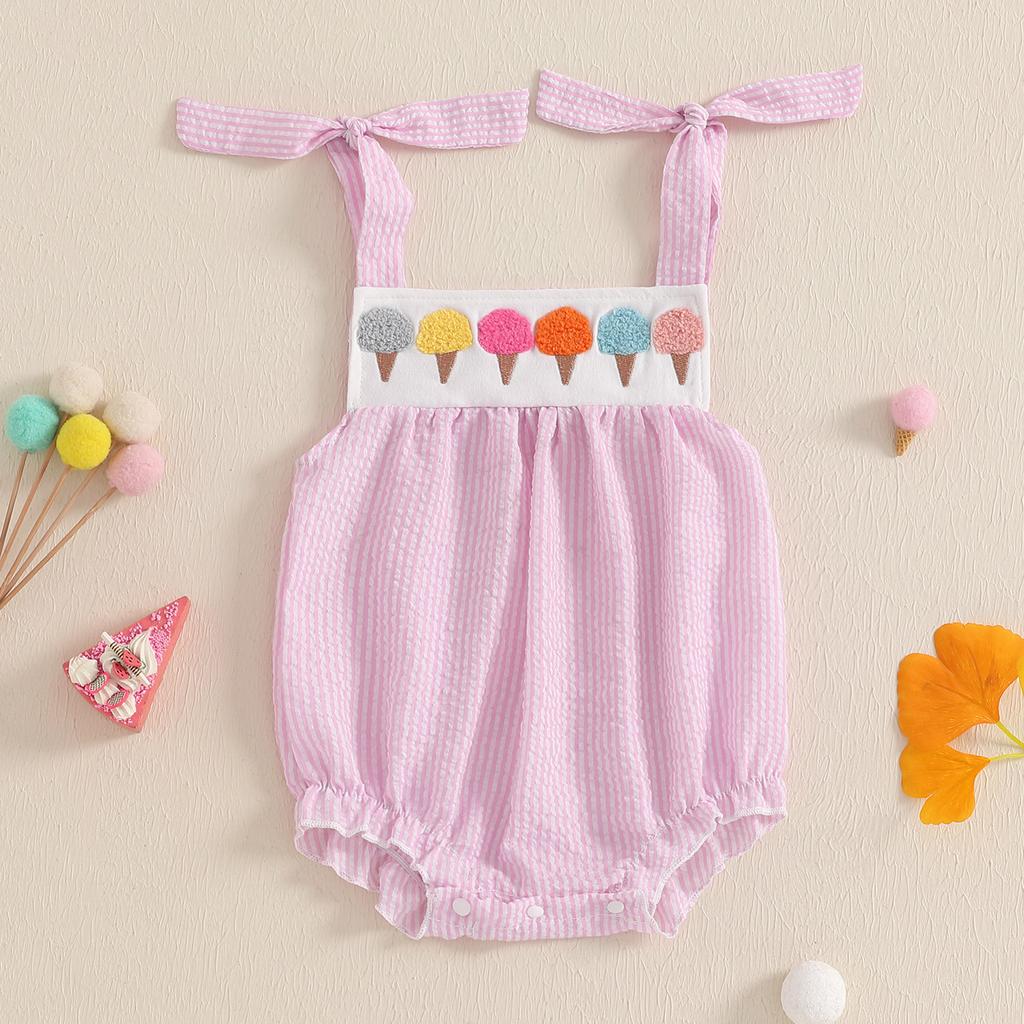 Baby Mädchen Karierter Ärmelloser Body Eiscreme-Stickerei Bindeträger Strampler Sommerkleidung