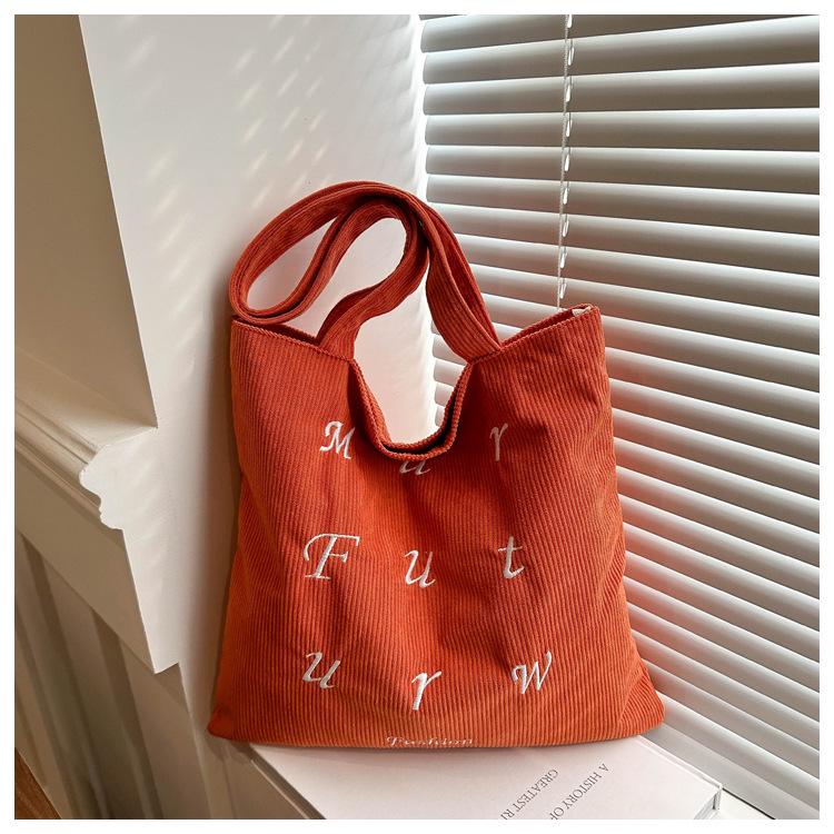 Korean Corduroy Embroidered Tote Bag for Students - Artistic Autumn/Winter Design