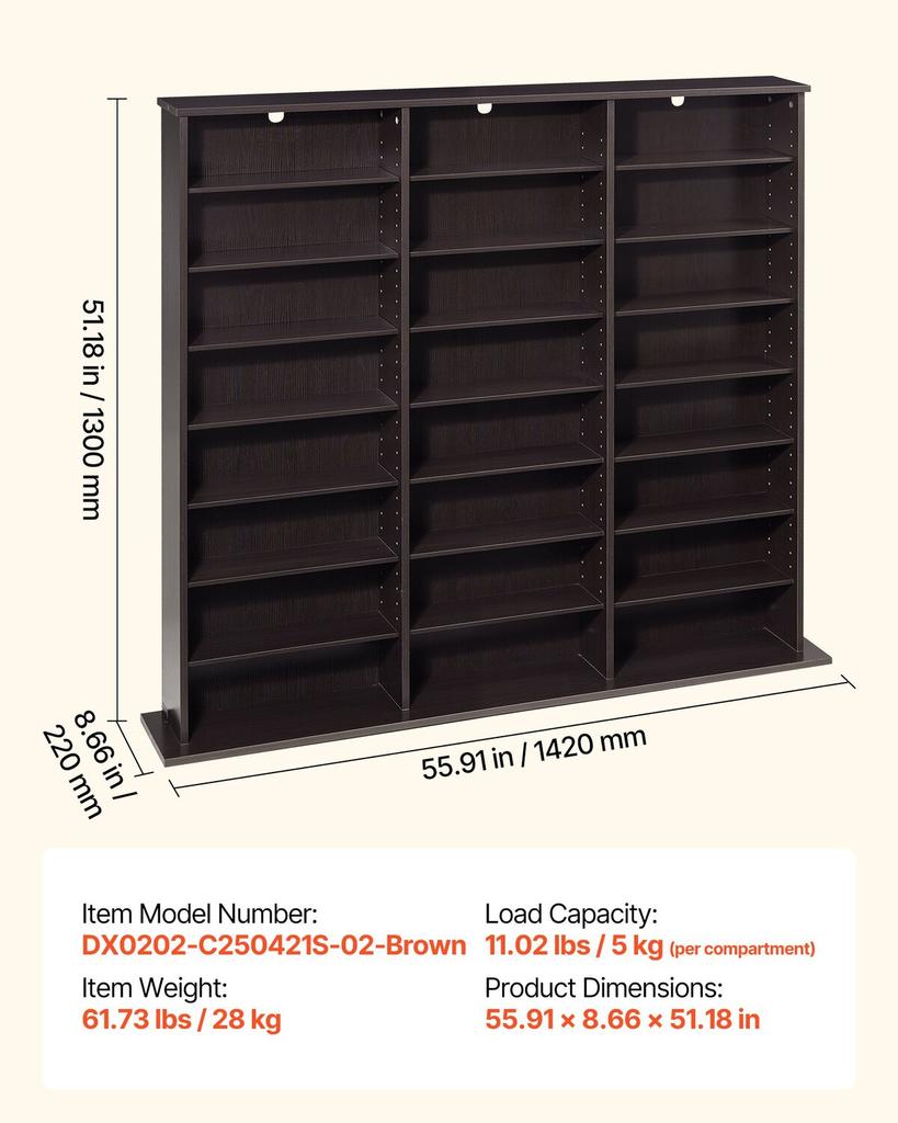 Media Storage Cabinet, 8-Tier DVD Shelf Organizer, 142 X 22 X 130 Cm Multimedia Storage Organizer for CDs, DVDs, Books & Games, CD Shelf for Living