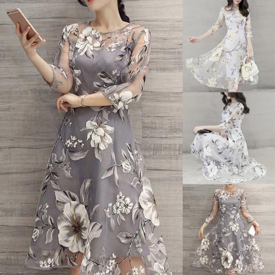 Women O Neck 3/4 Mesh Sleeve Floral Print Large Swing Double Layer Midi Dress