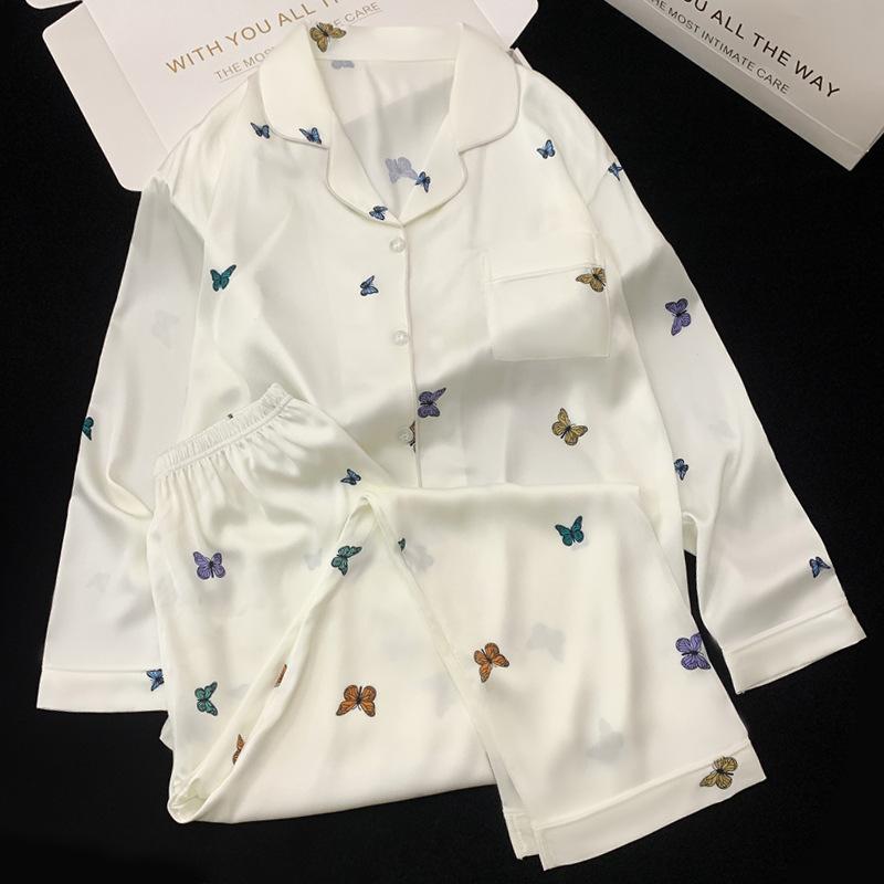 High-Quality Fashion Pajamas Women'S Autumn Long-Sleeved Suit Ice Silk Butterfly Printing Casual Loungewear Real Shot
