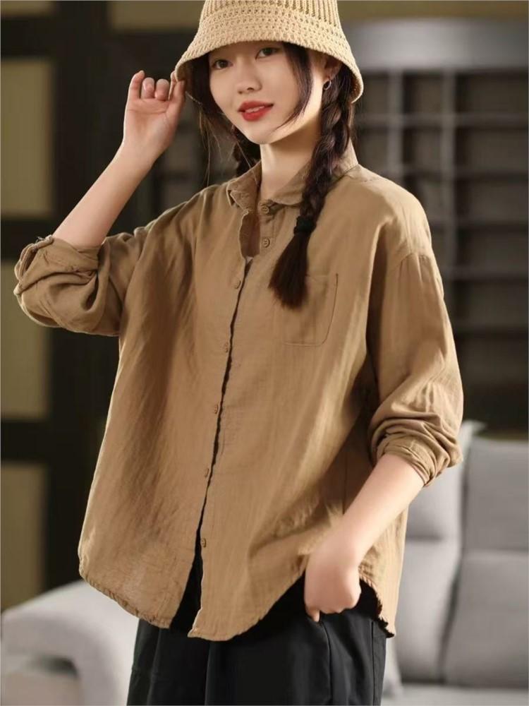 

Johnature Женские повседневные весенние рубашки, топы, однотонные, с отложным воротником, с длинным рукавом, блузки, рубашки на пуговицах One Size хаки