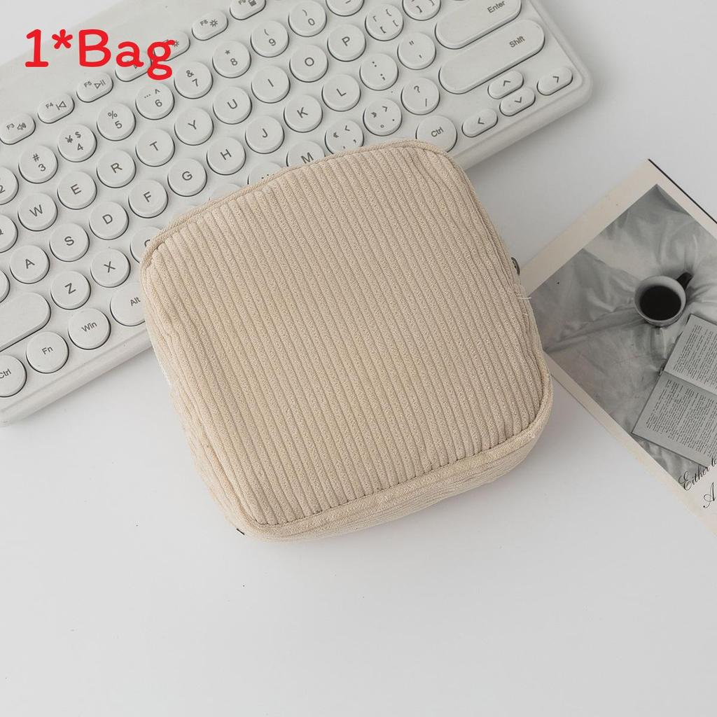 Light Corduroy Makeup Organizer With Stitching For Daily Use And Travel Storage