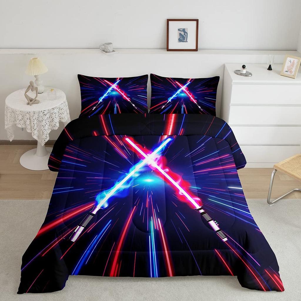 Lightsaber Duvet Cover Set Full,Galaxy Universe Planet Bedding Set 3pcs for Teens Room Decor,Trippy Star Sky Comforter Cover