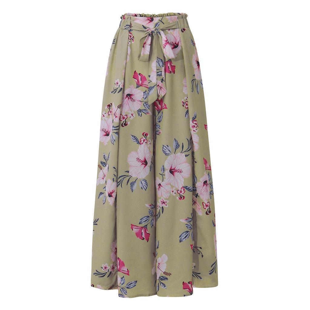 Women's Printed Trousers Elastic Belt Wide Leg High Waist Long Culottes