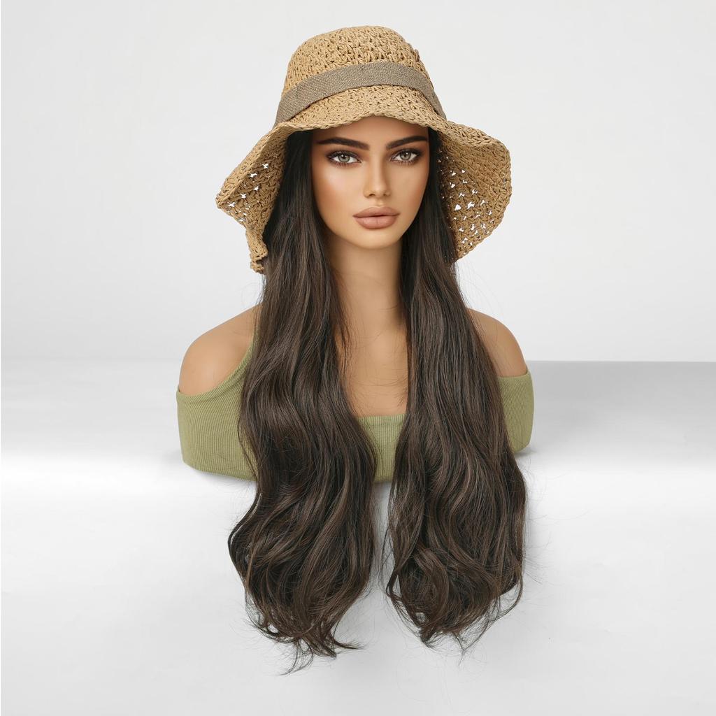 ALAN EATON Hat wigs Cap Brown Color Hair Extension Connect Summer Straw Hat for Women Heat Resistant Fiber Breathable Hat