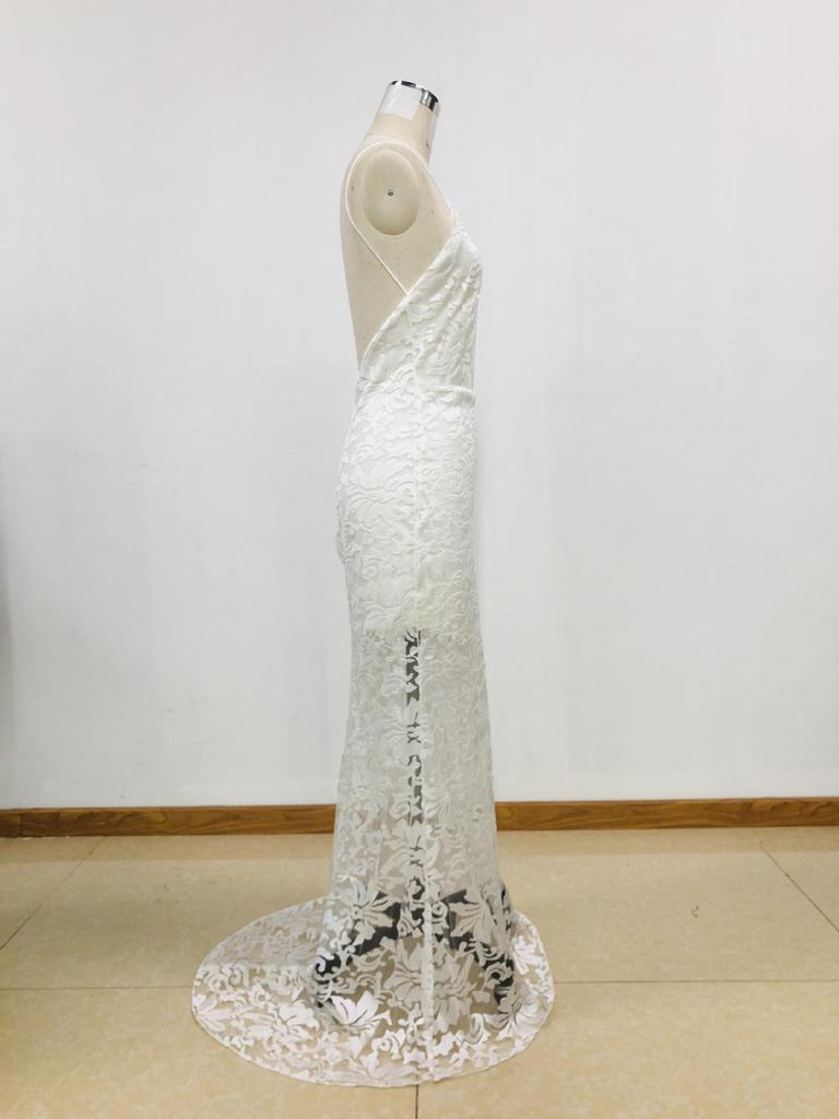 Europäisches & Amerikanisches Sexy Spaghetti-Träger Mesh Stickerei Rückenfreies Abendkleid für Damen