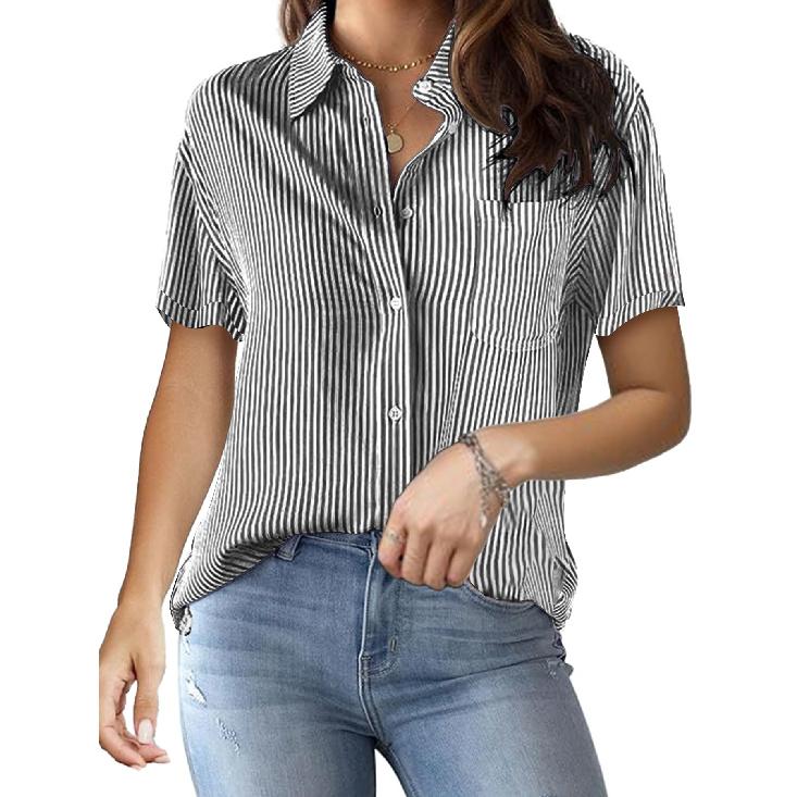 2026 Spring/Summer New Women s Fashion Printed Striped Cardigan Top Casual Stylish Short Sleeve Shirt for Women S чёрный