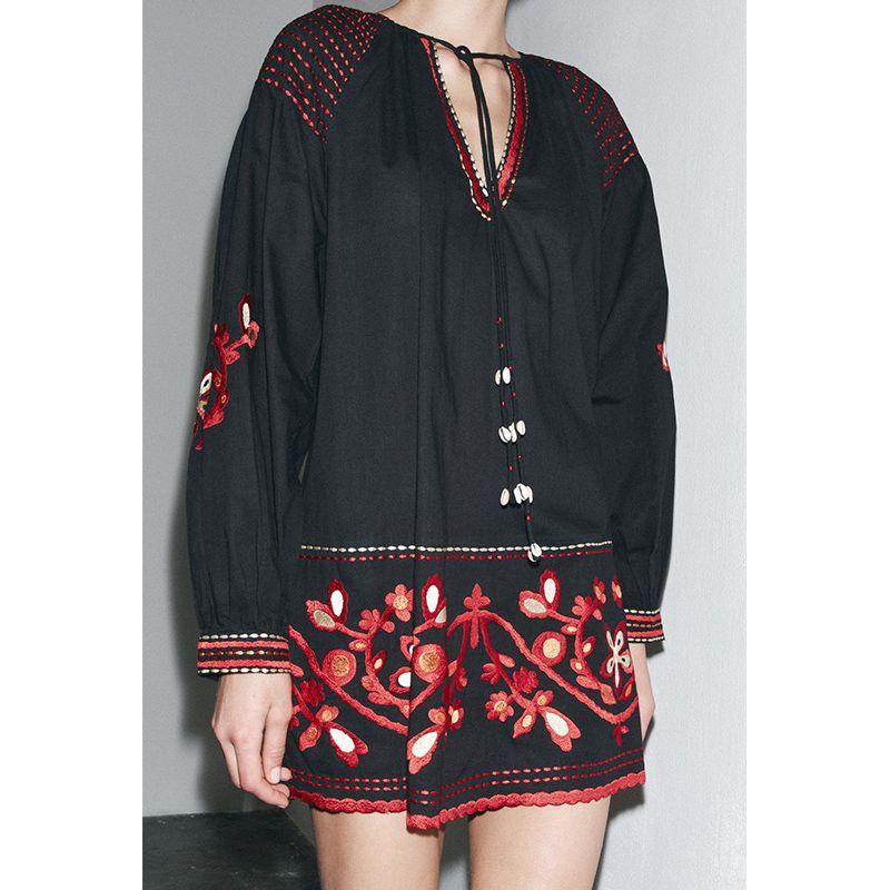 Summer New Product Women's Clothes Chest Lace-up Loose Ethnic Style Retro Embroidered V-neck Short Dress 2903042