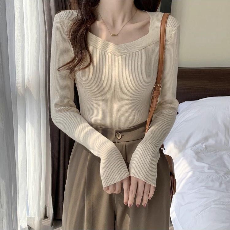 Apricot Women's Square Neck Knitwear: Slimming Long Sleeve Autumn 2025 Base Shirt/Sweater, Small Size.