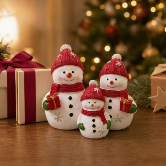 Seasonal Home Decor Christmas Resin Snowman Figurine, Cute Family of 3 Statue with Santa Holiday Mantel Hat, Red Scarf, Tabletop Ornament for
