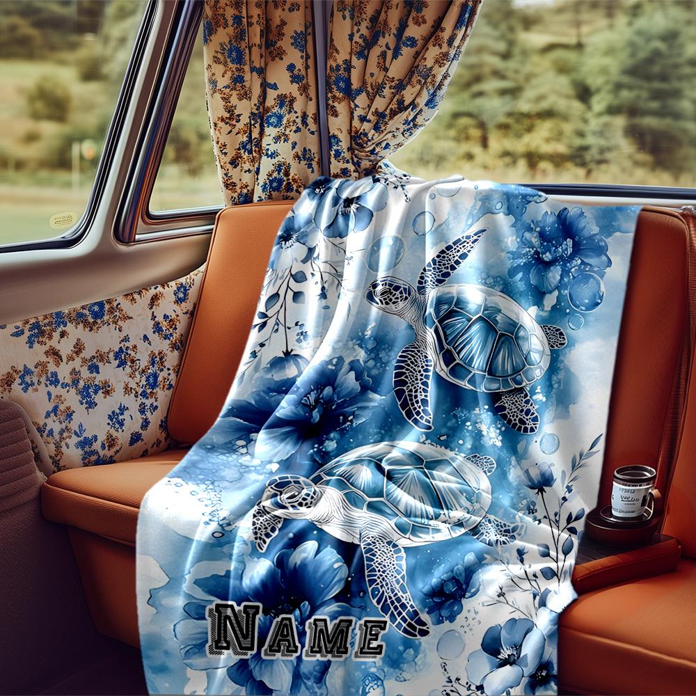 Blue Sea Turtles And Floral Artwork Design Blanketcustomizable With Your Namecomfortable And Stylish Perfect For Travel Beds Chairs Offices Sofas