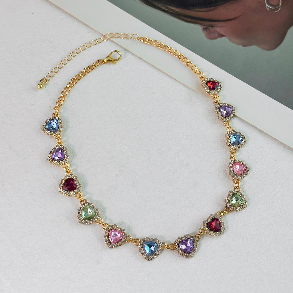 Simple Full Diamond Love Necklace, Versatile Temperament Colorful Geometric Diamond-encrusted Necklace for Women