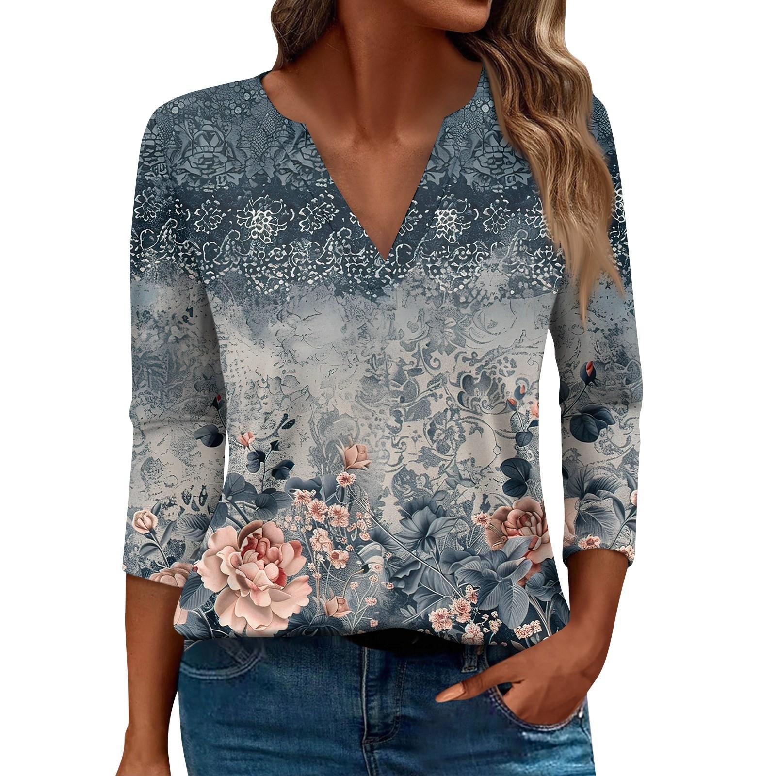 

Женская футболка Футболка с принтом Рукав 3/4 Повседневные Выходные Мода Базовый V-образный вырез Обычный топ XXL тёмно-синий