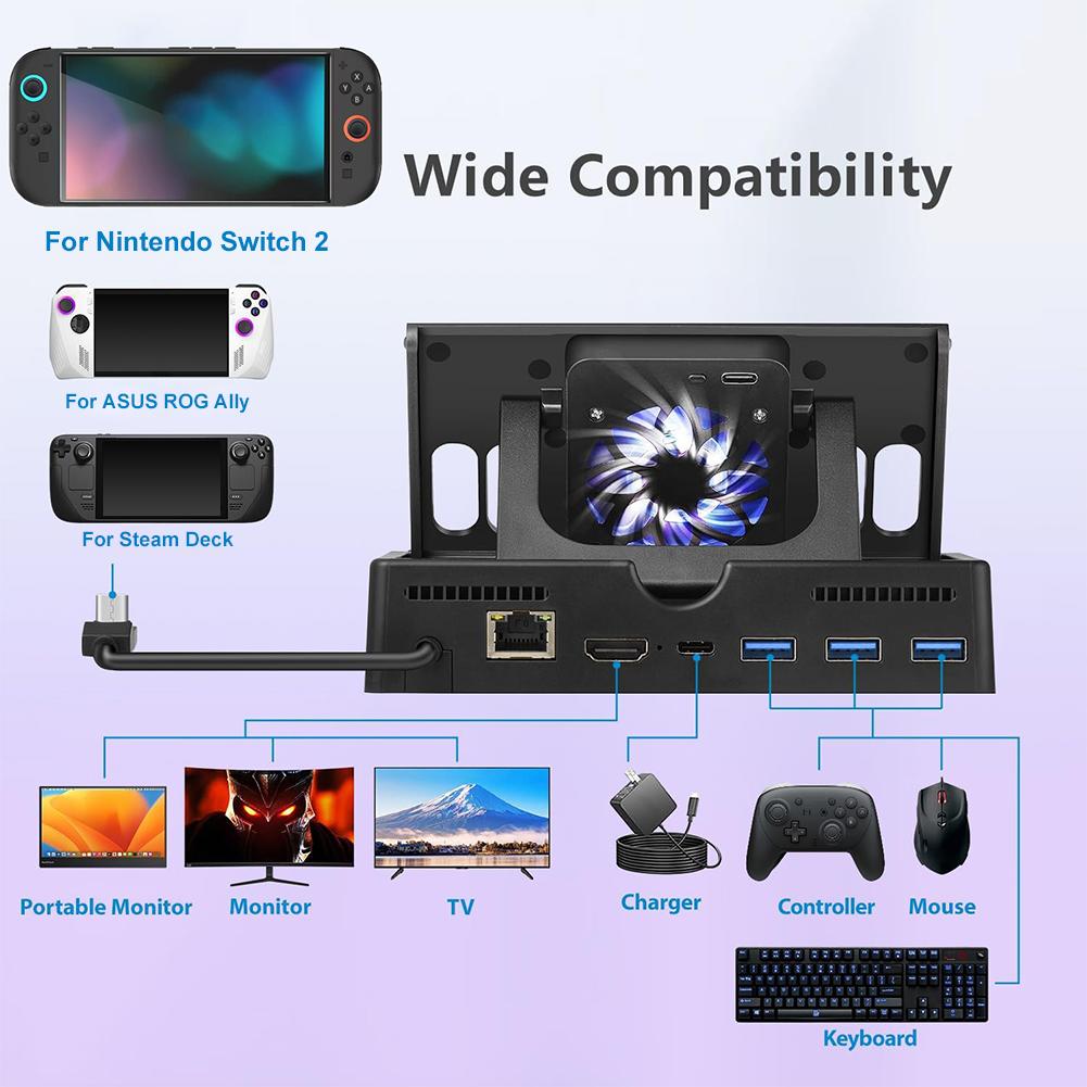 For Switch 2 TV Dock Station Charging Dock Base with Fan & 4K HDMI-compatible Gigabit Ethernet USB-C PD3.0 Charging for Switch 2