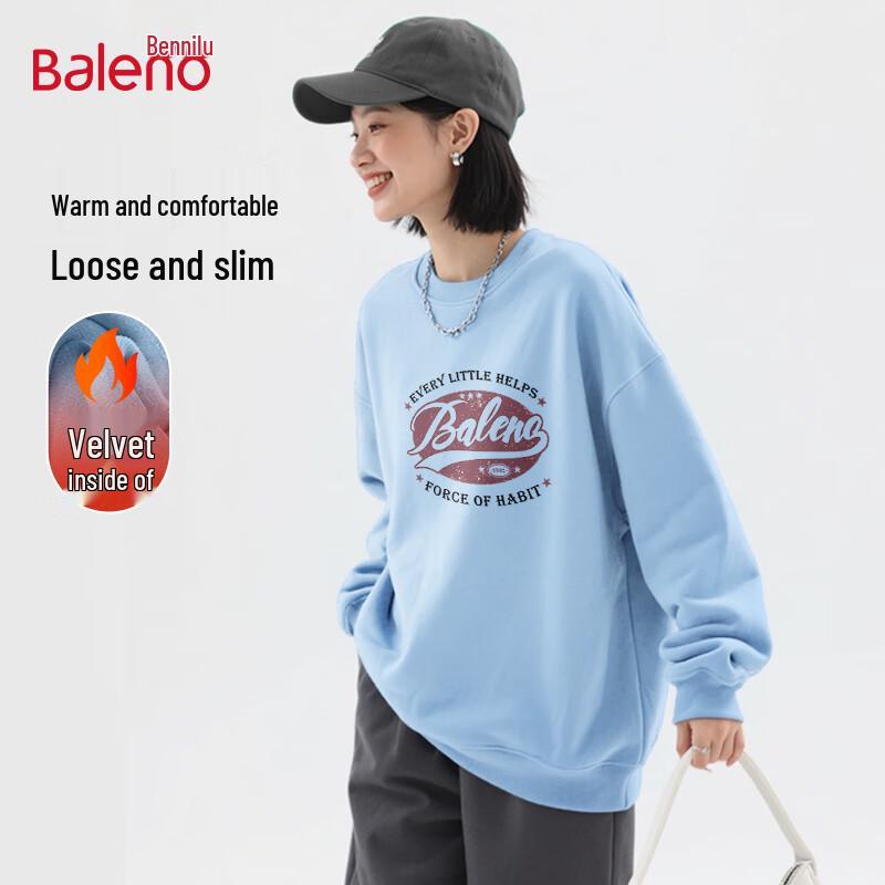 Baleno Women's Fleece-Lined Retro Letter Crew Neck Sweatshirt