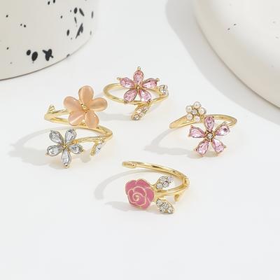 4 Pcs Crystal Rhinestone Flower Rings Simple Finger Jewelry Personality Opening Finger Ring  Gifts